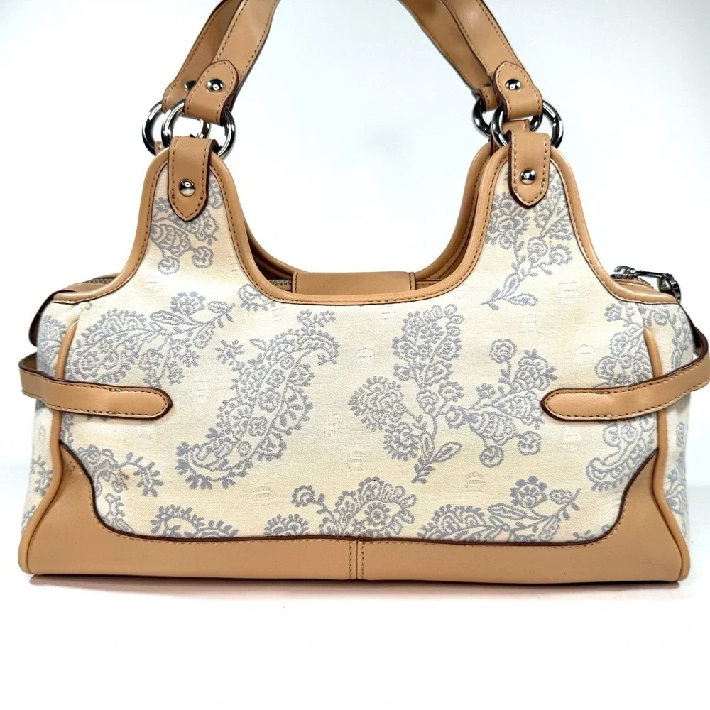 Etienne Aigner Paisley Canvas Leather Shoulder Bag Satchel‎ Tan Cream